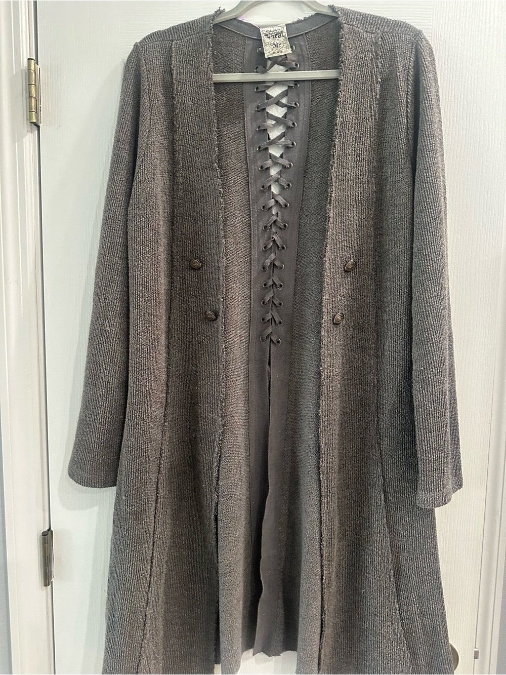Vocal Gray Lace-Up Front Long Cardigan